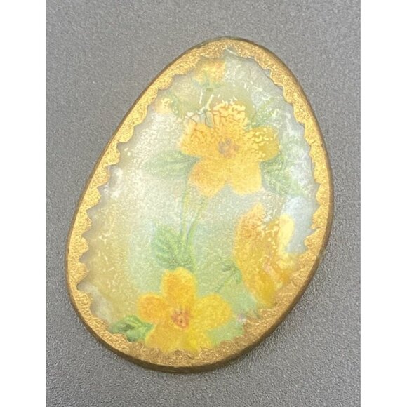 Antique Eyeglass Art  Brooch Hand Painted Lens Yellow Flowers Glass Gold Tone - Picture 3 of 8